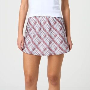 Satin Mini Skirt with Pink and White Plaid Pattern and bow trim